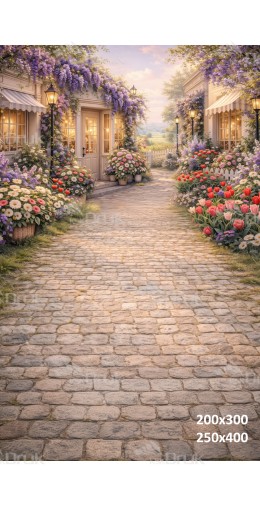 Tło fotograficzne „Romantyczna kwiatowa uliczka z kamienną ścieżką” | E851